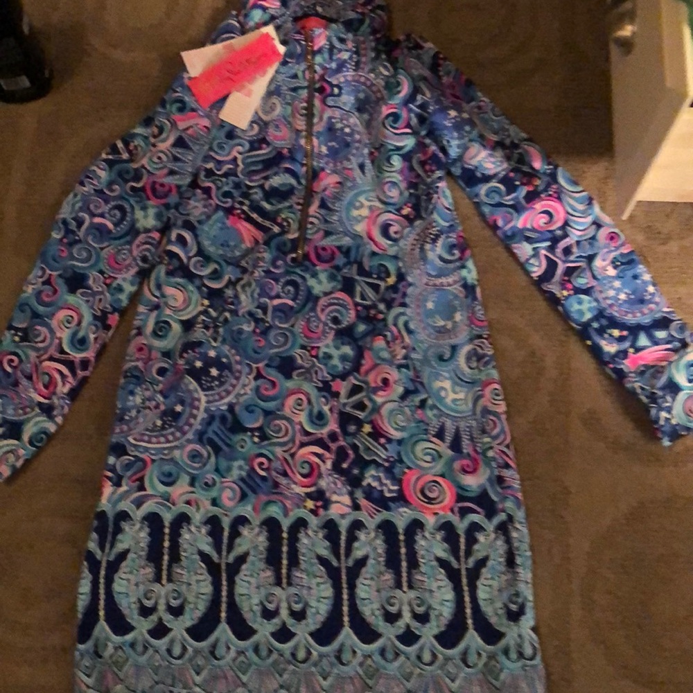 Navy printed skipper ruffle popover Lilly dress